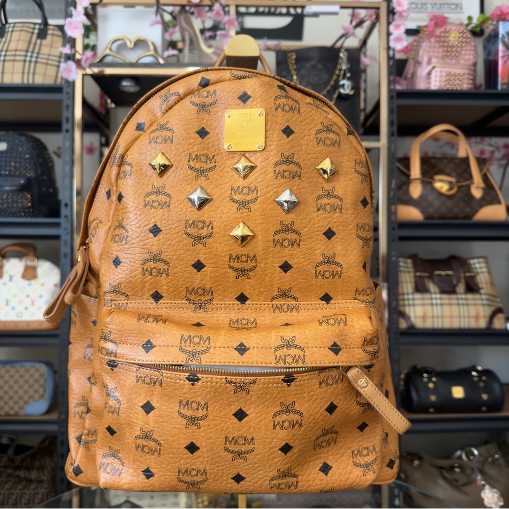 MCM Cognac Visetos Studded Leather Backpack